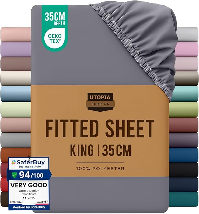 Utopia Bedding King Size Fitted Sheet, Grey, Deep Pocket 35cm (14") | Oeko-Tex Certified, Non Iron Wrinkle-Free, Shrinkage and Fade Resistant, Soft Brushed Microfiber Fabric, Bottom Sheet