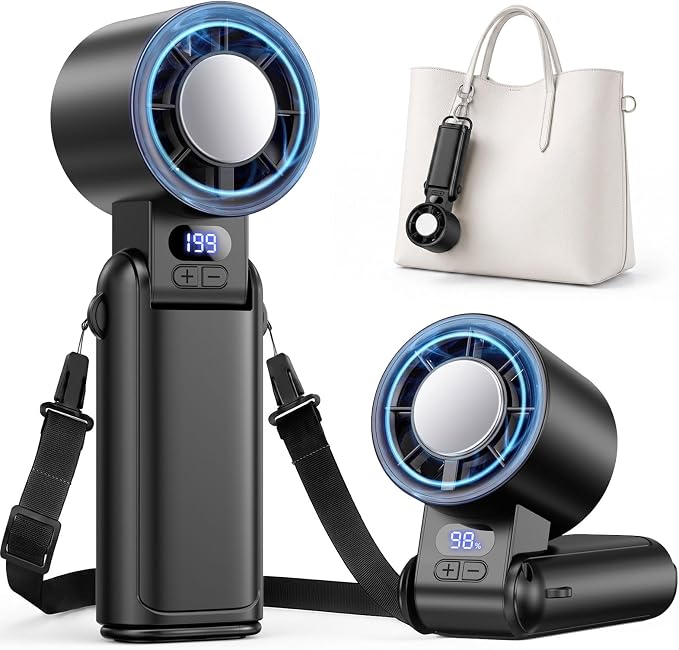 Handheld Fan Rechargeable with LED Display & Clip, 1-199 Speed | 3-in-1 Hand/Neck/Desk Fan, 24ft/s Powerful Airflow, 3600mAh Battery Up to 12H, Portable for Travel/Camping/Office/Home, Black