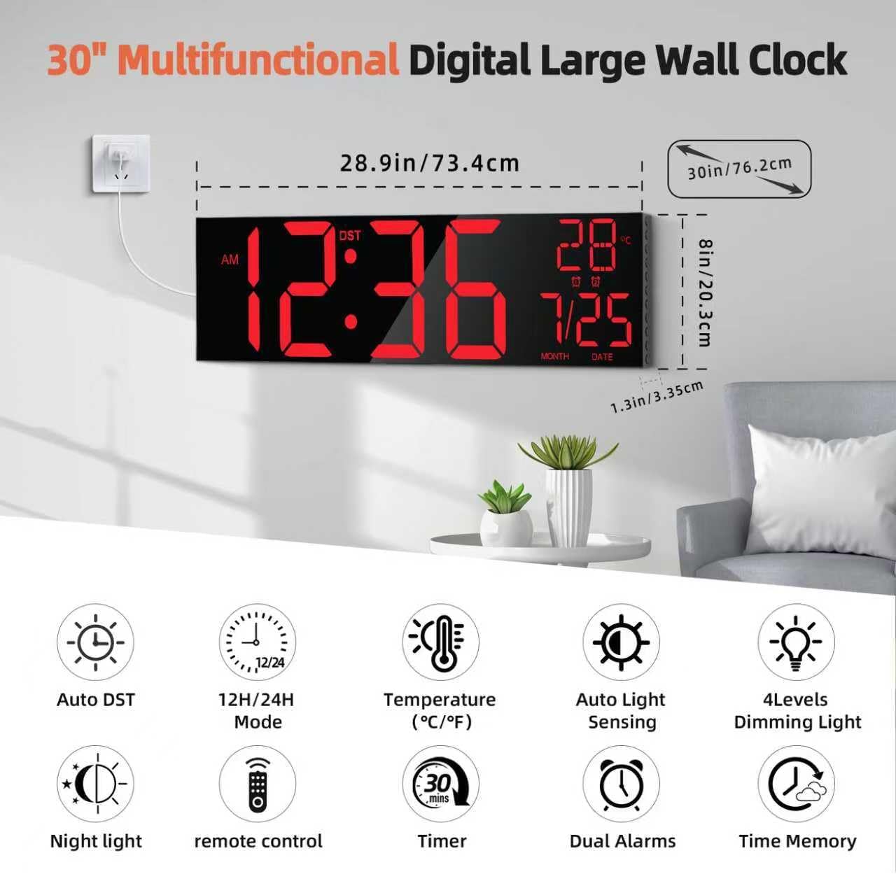 Maxstar 16" Large Digital Wall Clock with 8 RGB Led Display & Remote Control, Loud Dual Alarms,5-Level Dimmer, Auto-DST, Temperature,Date,Night Light for Bedroom/Office/Living Room/Shop/Gym/Game Room