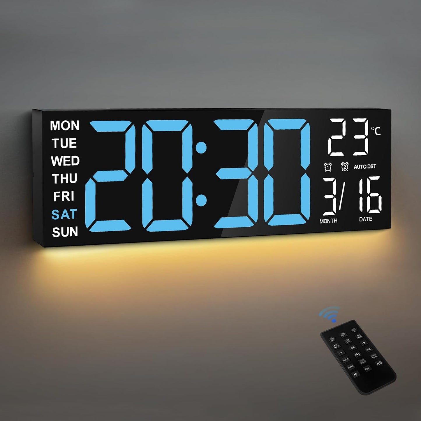 Maxstar 16" Large Digital Wall Clock with 8 RGB Led Display & Remote Control, Loud Dual Alarms,5-Level Dimmer, Auto-DST, Temperature,Date,Night Light for Bedroom/Office/Living Room/Shop/Gym/Game Room