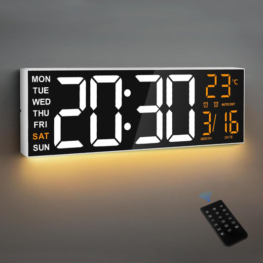 Maxstar 16" Large Digital Wall Clock with 8 RGB Led Display & Remote Control, Loud Dual Alarms,5-Level Dimmer, Auto-DST, Temperature,Date,Night Light for Bedroom/Office/Living Room/Shop/Gym/Game Room
