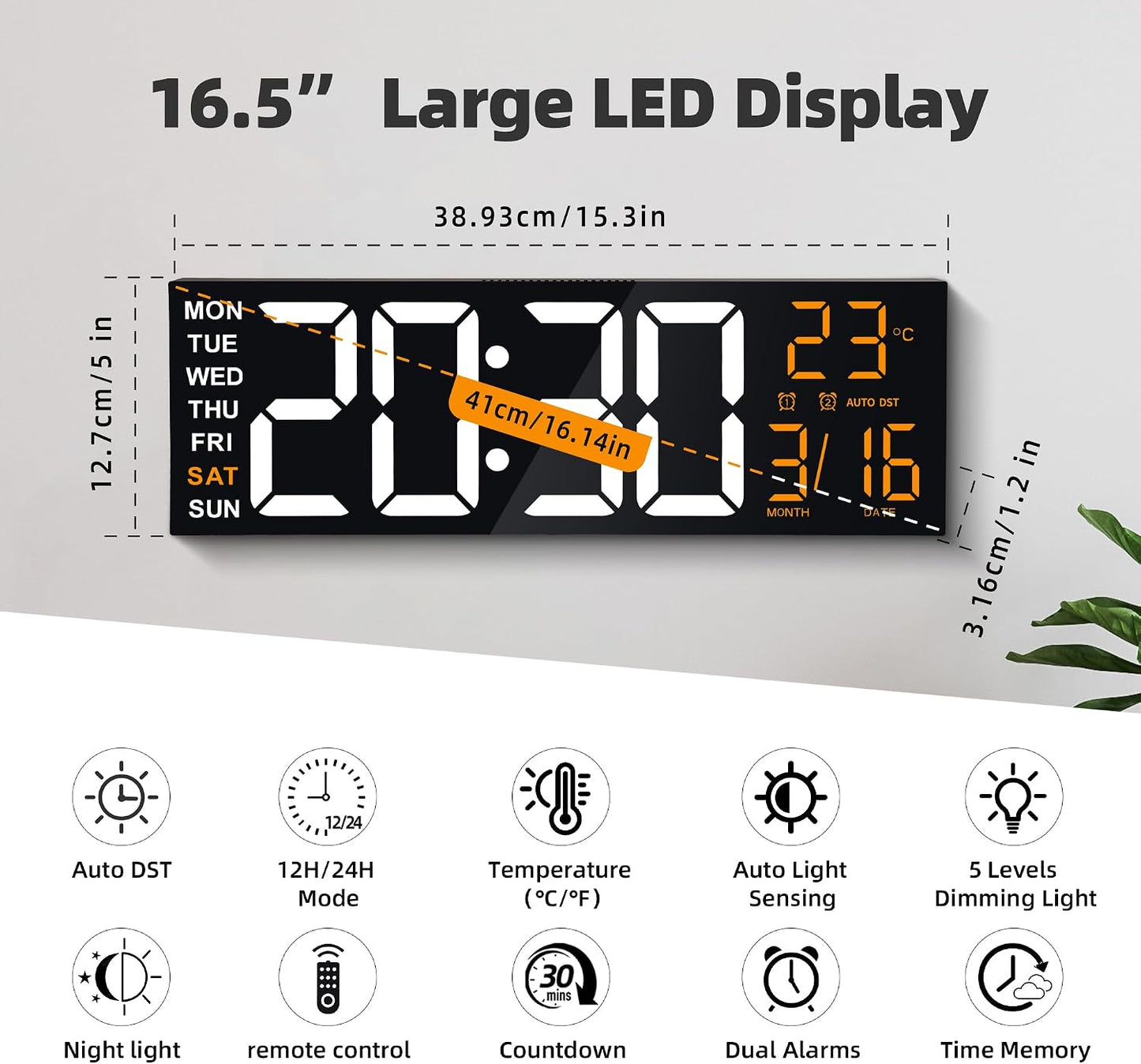 Maxstar 16" Large Digital Wall Clock with 8 RGB Led Display & Remote Control, Loud Dual Alarms,5-Level Dimmer, Auto-DST, Temperature,Date,Night Light for Bedroom/Office/Living Room/Shop/Gym/Game Room