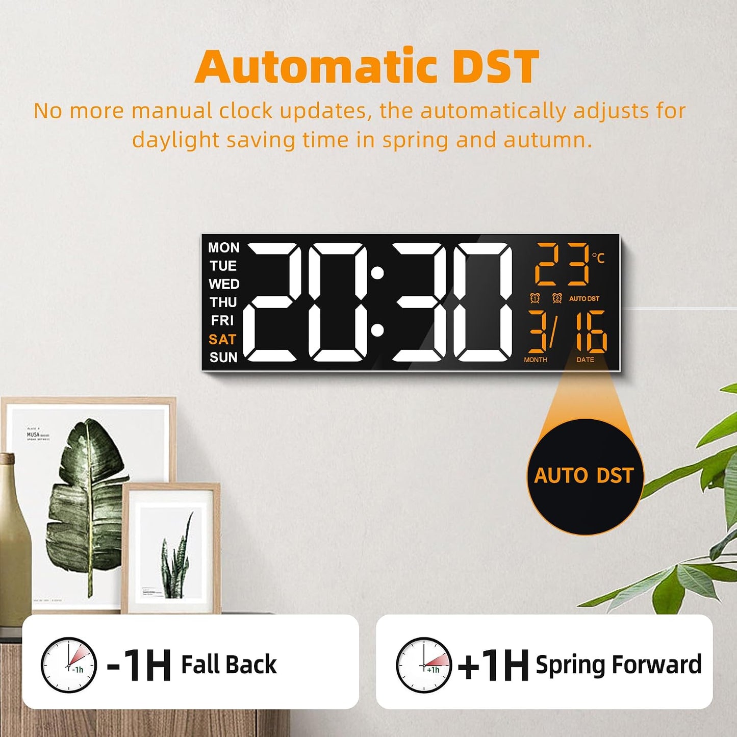 Maxstar 16" Large Digital Wall Clock with 8 RGB Led Display & Remote Control, Loud Dual Alarms,5-Level Dimmer, Auto-DST, Temperature,Date,Night Light for Bedroom/Office/Living Room/Shop/Gym/Game Room
