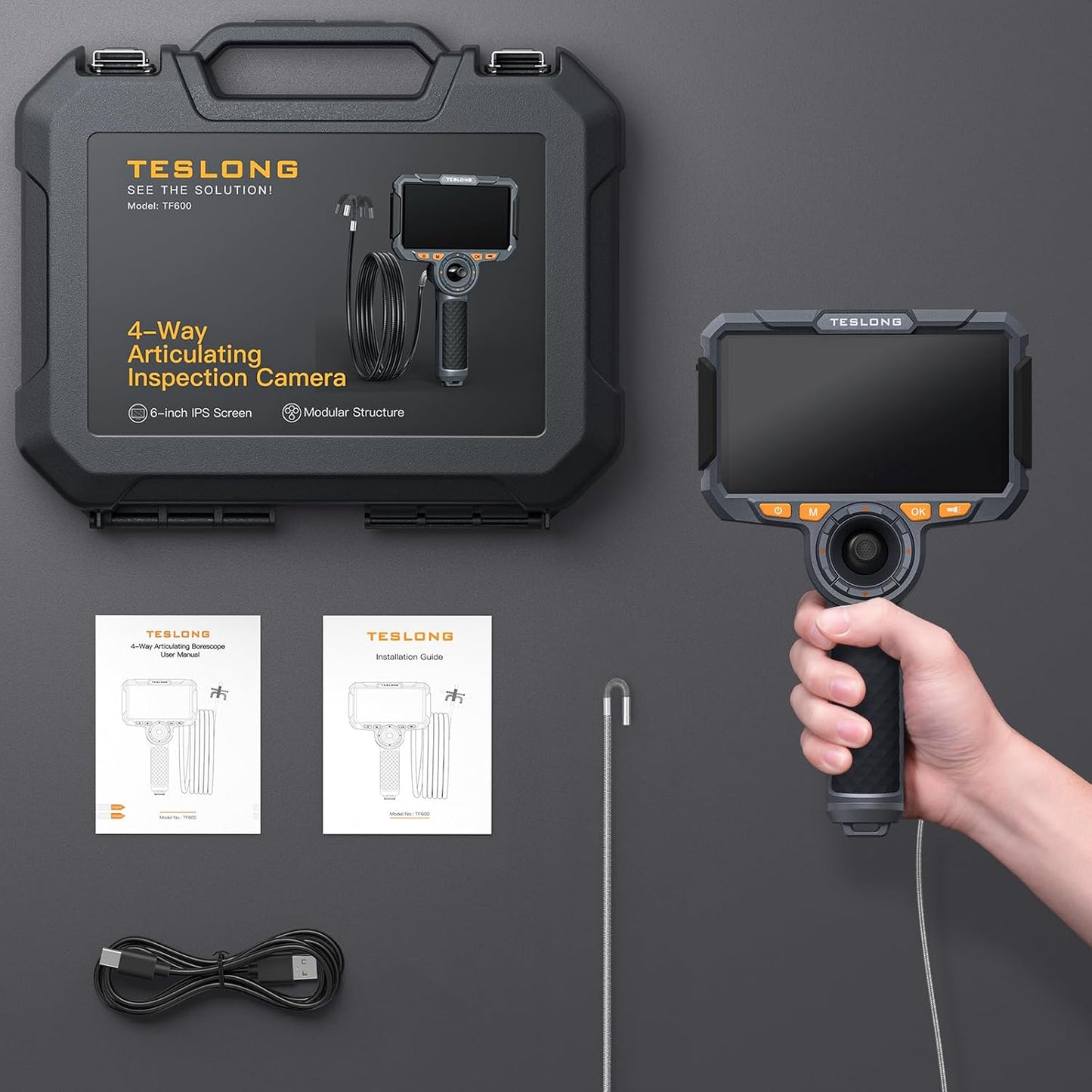 Teslong 3.9mm 4-Way Articulating Borescope with Light, 6'' IPS Endoscope Inspection Camera with 360 Articulated Probe, Flexible Automotive Mechanics Gadgets Fiber Optic Scope Cam (1.5M)