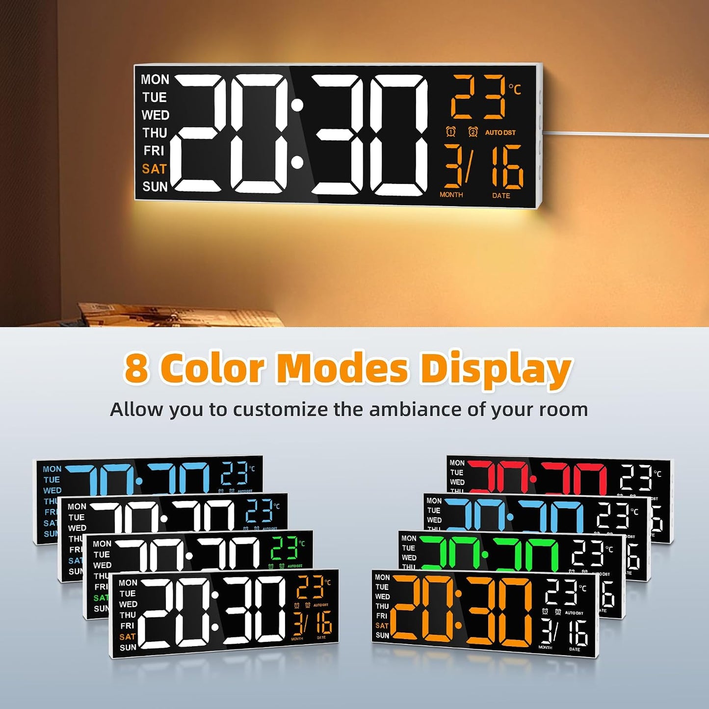 Maxstar 16" Large Digital Wall Clock with 8 RGB Led Display & Remote Control, Loud Dual Alarms,5-Level Dimmer, Auto-DST, Temperature,Date,Night Light for Bedroom/Office/Living Room/Shop/Gym/Game Room