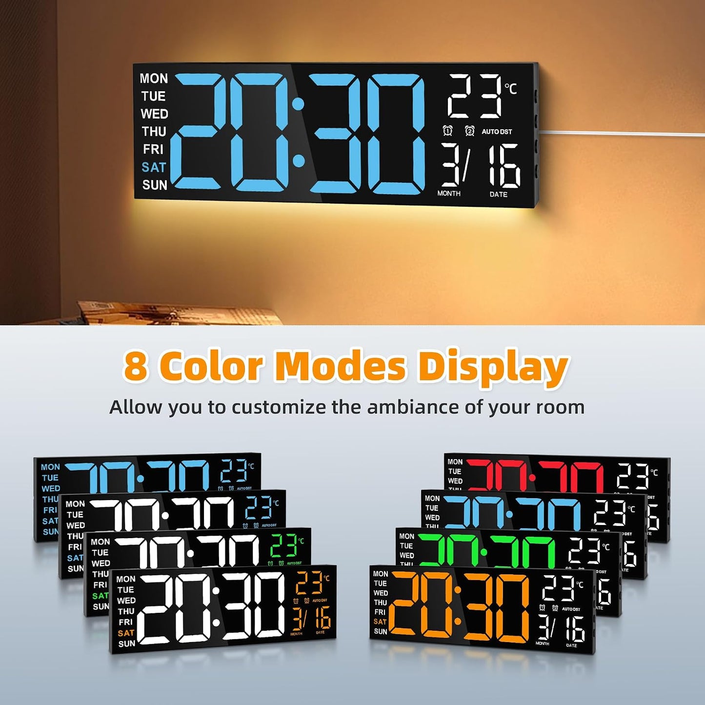 Maxstar 16" Large Digital Wall Clock with 8 RGB Led Display & Remote Control, Loud Dual Alarms,5-Level Dimmer, Auto-DST, Temperature,Date,Night Light for Bedroom/Office/Living Room/Shop/Gym/Game Room
