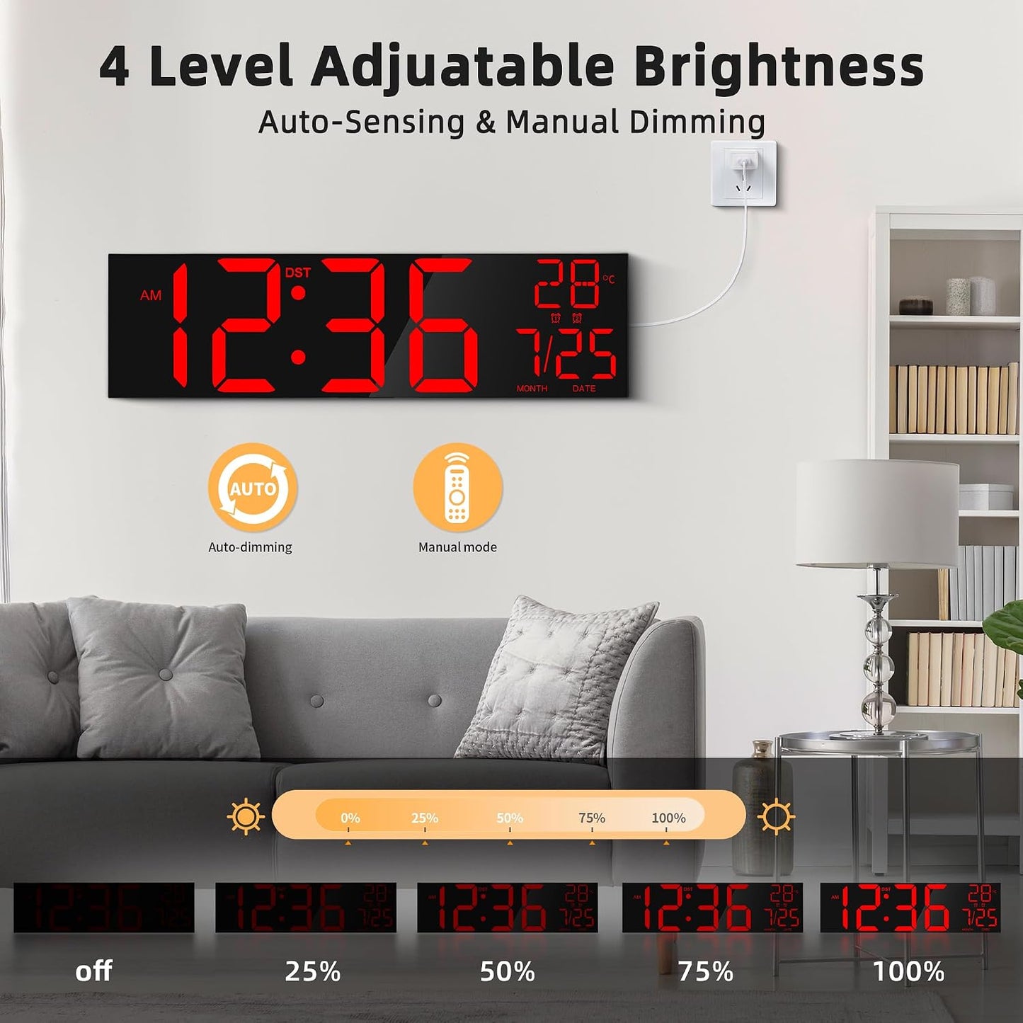 Maxstar 16" Large Digital Wall Clock with 8 RGB Led Display & Remote Control, Loud Dual Alarms,5-Level Dimmer, Auto-DST, Temperature,Date,Night Light for Bedroom/Office/Living Room/Shop/Gym/Game Room