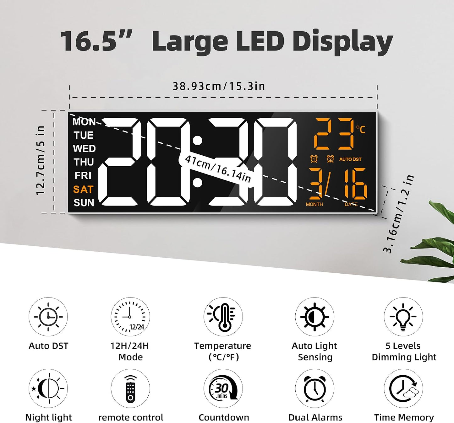 Maxstar 16" Large Digital Wall Clock with 8 RGB Led Display & Remote Control, Loud Dual Alarms,5-Level Dimmer, Auto-DST, Temperature,Date,Night Light for Bedroom/Office/Living Room/Shop/Gym/Game Room