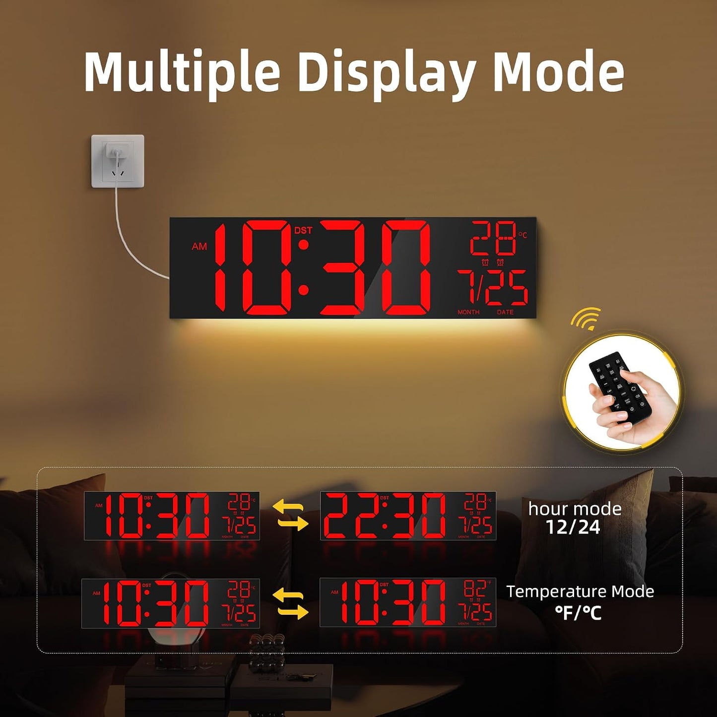 Maxstar 16" Large Digital Wall Clock with 8 RGB Led Display & Remote Control, Loud Dual Alarms,5-Level Dimmer, Auto-DST, Temperature,Date,Night Light for Bedroom/Office/Living Room/Shop/Gym/Game Room