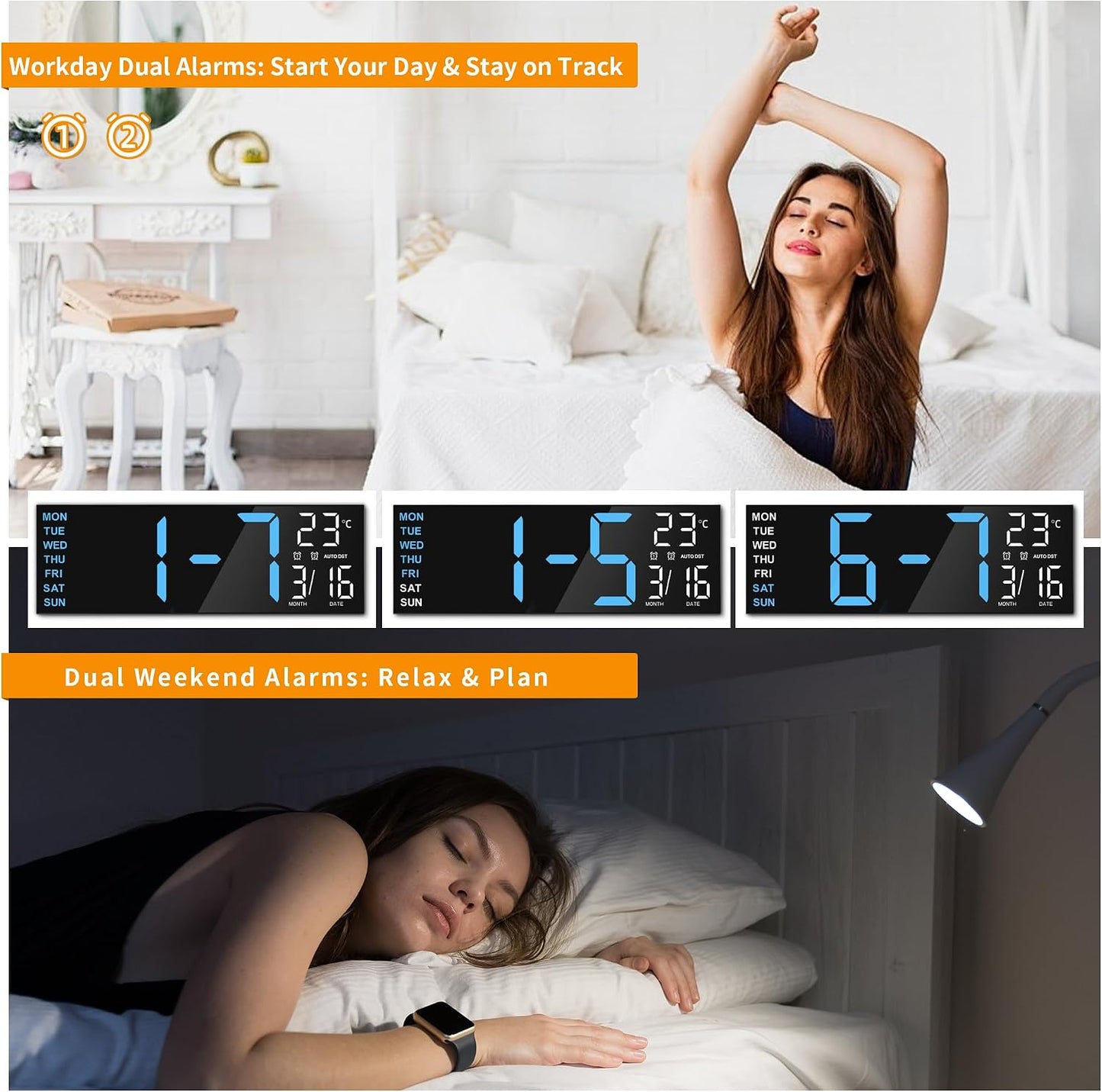 Maxstar 16" Large Digital Wall Clock with 8 RGB Led Display & Remote Control, Loud Dual Alarms,5-Level Dimmer, Auto-DST, Temperature,Date,Night Light for Bedroom/Office/Living Room/Shop/Gym/Game Room