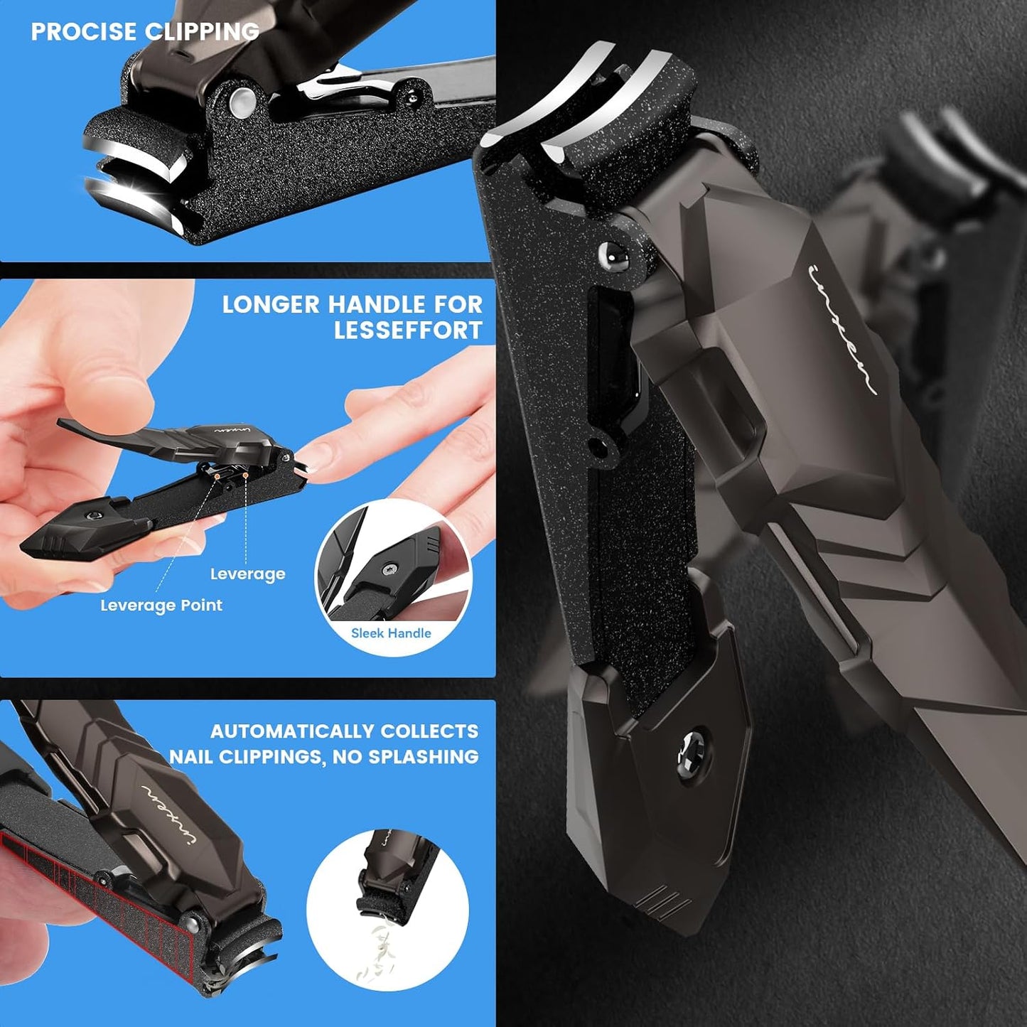 Nail Clippers for Men with Catcher – No Splash, Self-Collecting Premium Steel Nail Clippers for Fingernails & Toenails, Perfect Gifts for Him, Great Gadget & Stocking fillers for Men Gift