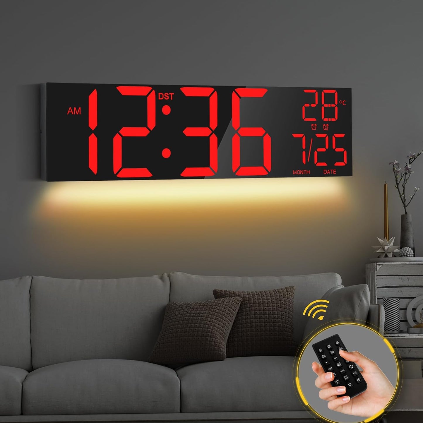 Maxstar 16" Large Digital Wall Clock with 8 RGB Led Display & Remote Control, Loud Dual Alarms,5-Level Dimmer, Auto-DST, Temperature,Date,Night Light for Bedroom/Office/Living Room/Shop/Gym/Game Room