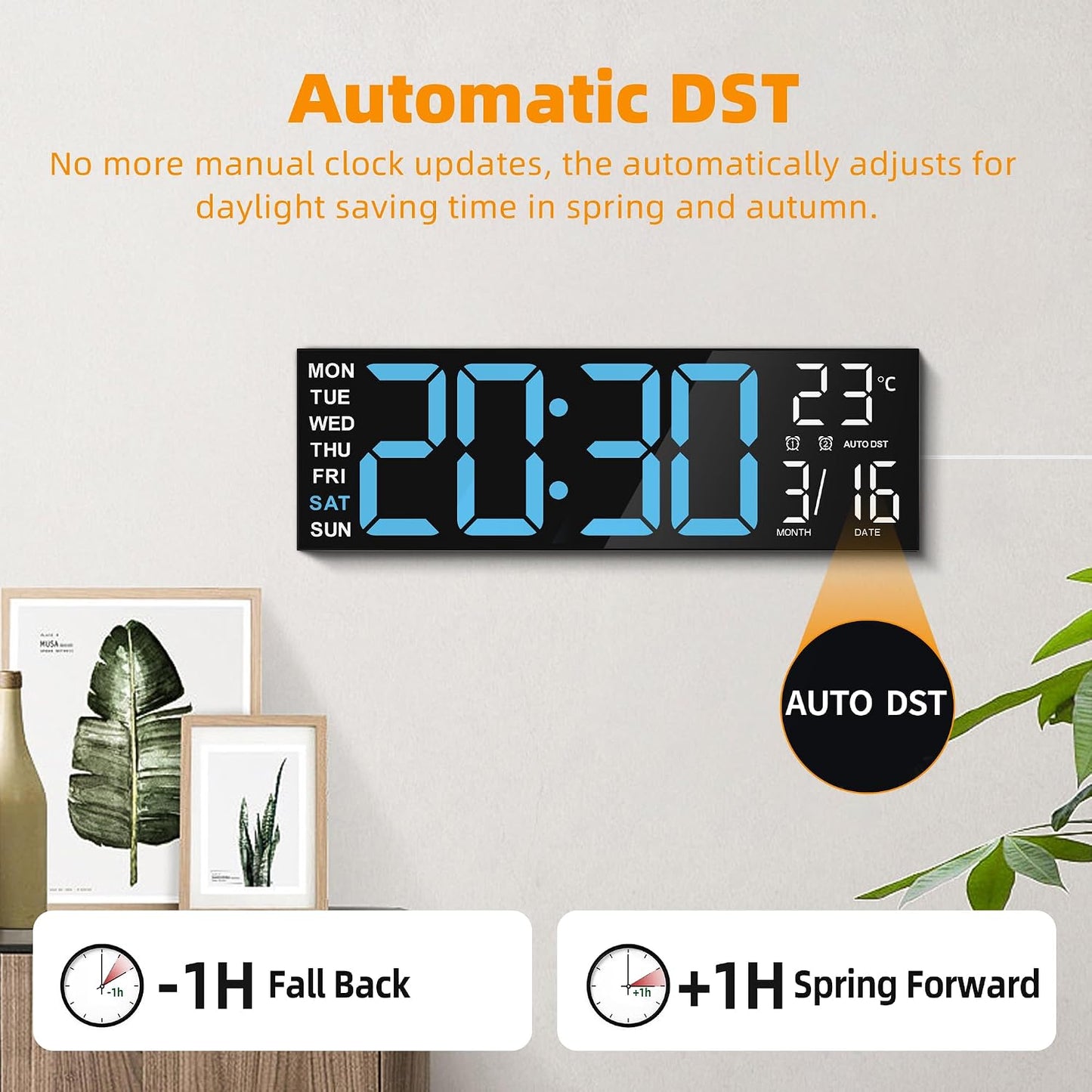 Maxstar 16" Large Digital Wall Clock with 8 RGB Led Display & Remote Control, Loud Dual Alarms,5-Level Dimmer, Auto-DST, Temperature,Date,Night Light for Bedroom/Office/Living Room/Shop/Gym/Game Room