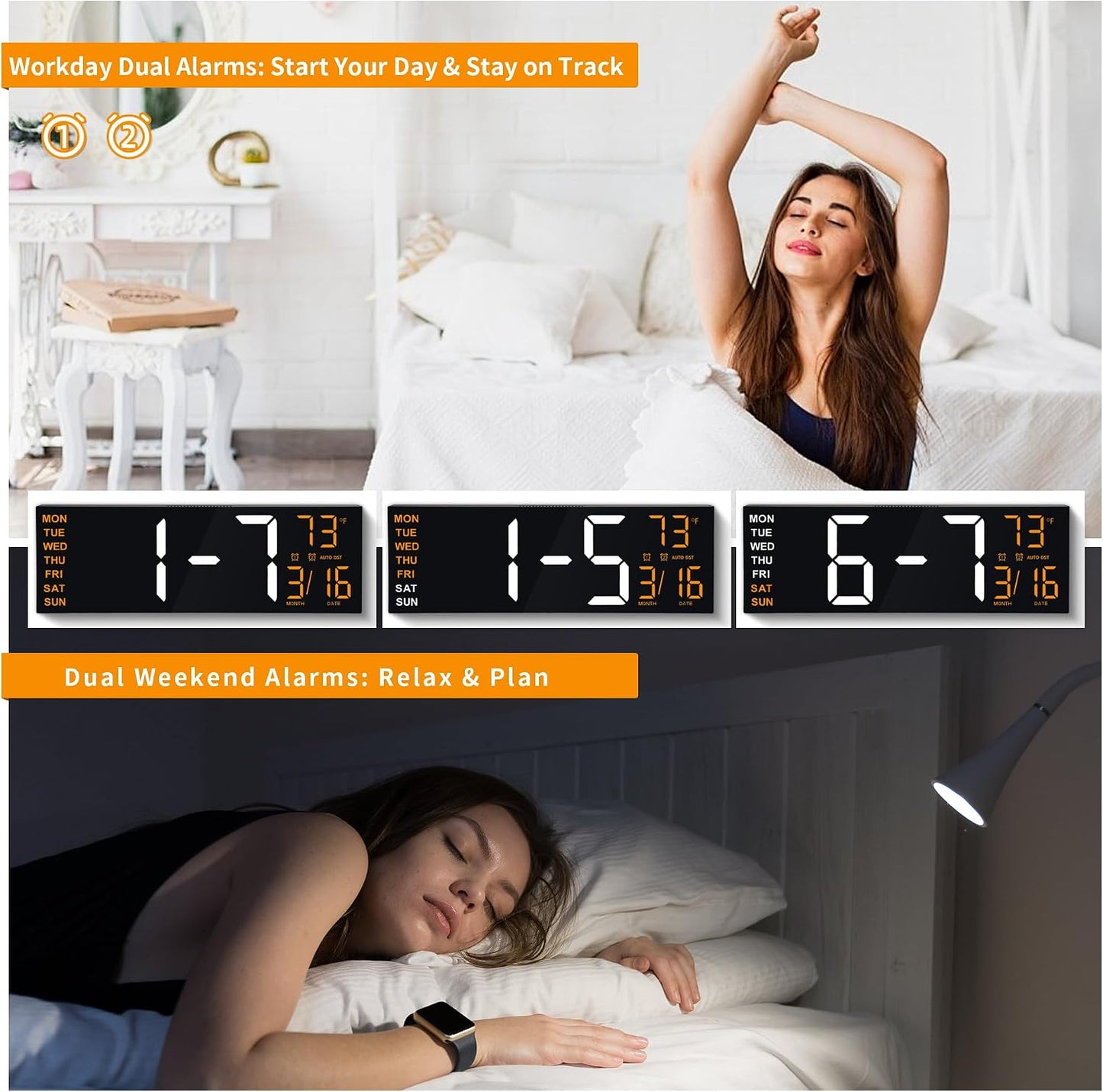 Maxstar 16" Large Digital Wall Clock with 8 RGB Led Display & Remote Control, Loud Dual Alarms,5-Level Dimmer, Auto-DST, Temperature,Date,Night Light for Bedroom/Office/Living Room/Shop/Gym/Game Room
