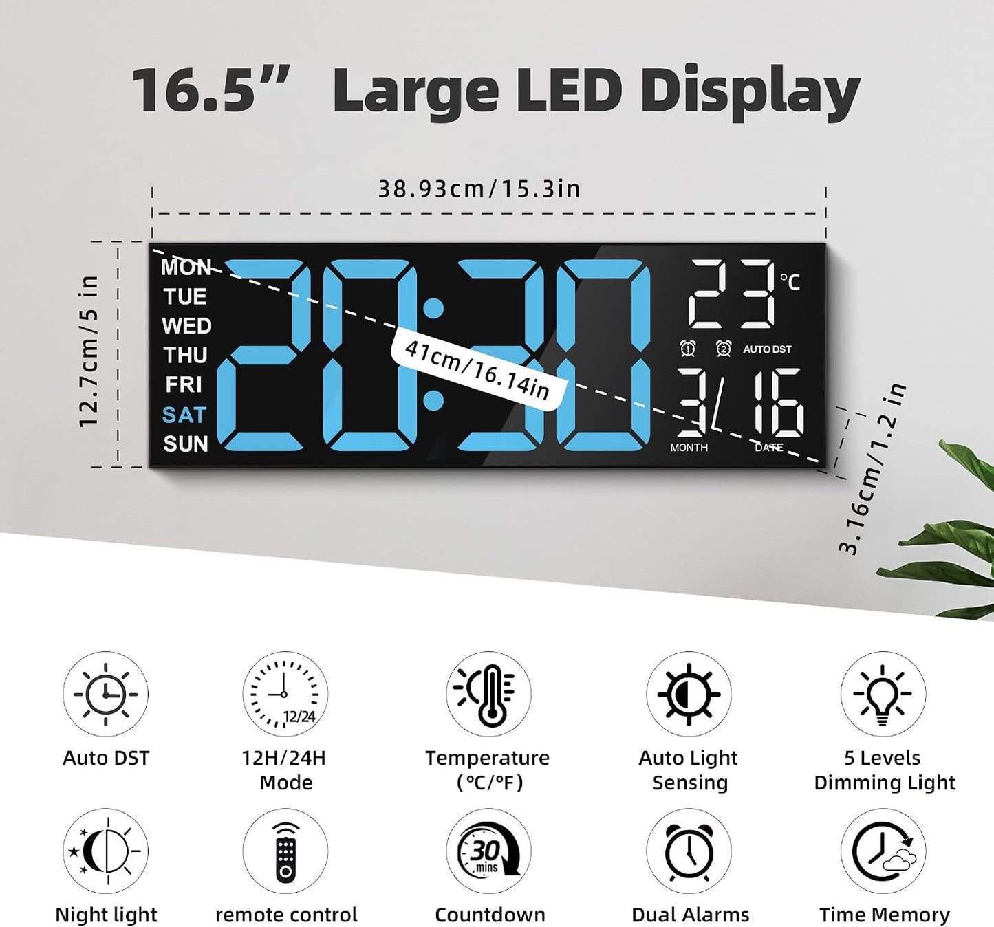 Maxstar 16" Large Digital Wall Clock with 8 RGB Led Display & Remote Control, Loud Dual Alarms,5-Level Dimmer, Auto-DST, Temperature,Date,Night Light for Bedroom/Office/Living Room/Shop/Gym/Game Room