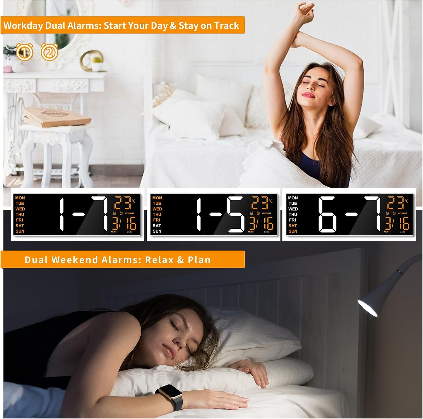 Maxstar 16" Large Digital Wall Clock with 8 RGB Led Display & Remote Control, Loud Dual Alarms,5-Level Dimmer, Auto-DST, Temperature,Date,Night Light for Bedroom/Office/Living Room/Shop/Gym/Game Room