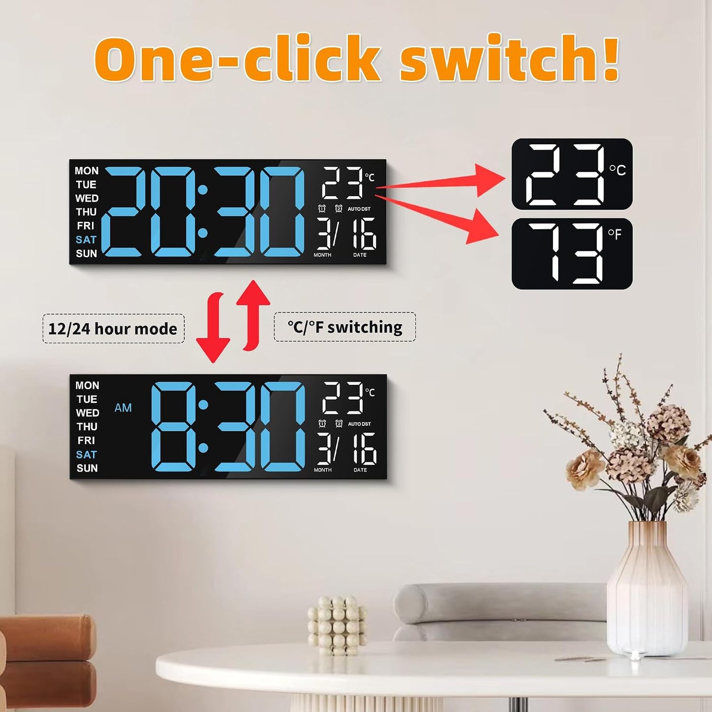Maxstar 16" Large Digital Wall Clock with 8 RGB Led Display & Remote Control, Loud Dual Alarms,5-Level Dimmer, Auto-DST, Temperature,Date,Night Light for Bedroom/Office/Living Room/Shop/Gym/Game Room