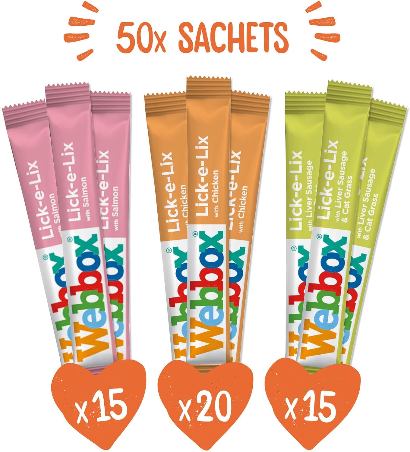 Webbox Lick-e-Lix Cat Treats Variety Value Pack - Kitten Friendly, Grain Free, No Artificial Preservatives or Colours (50 Pack)