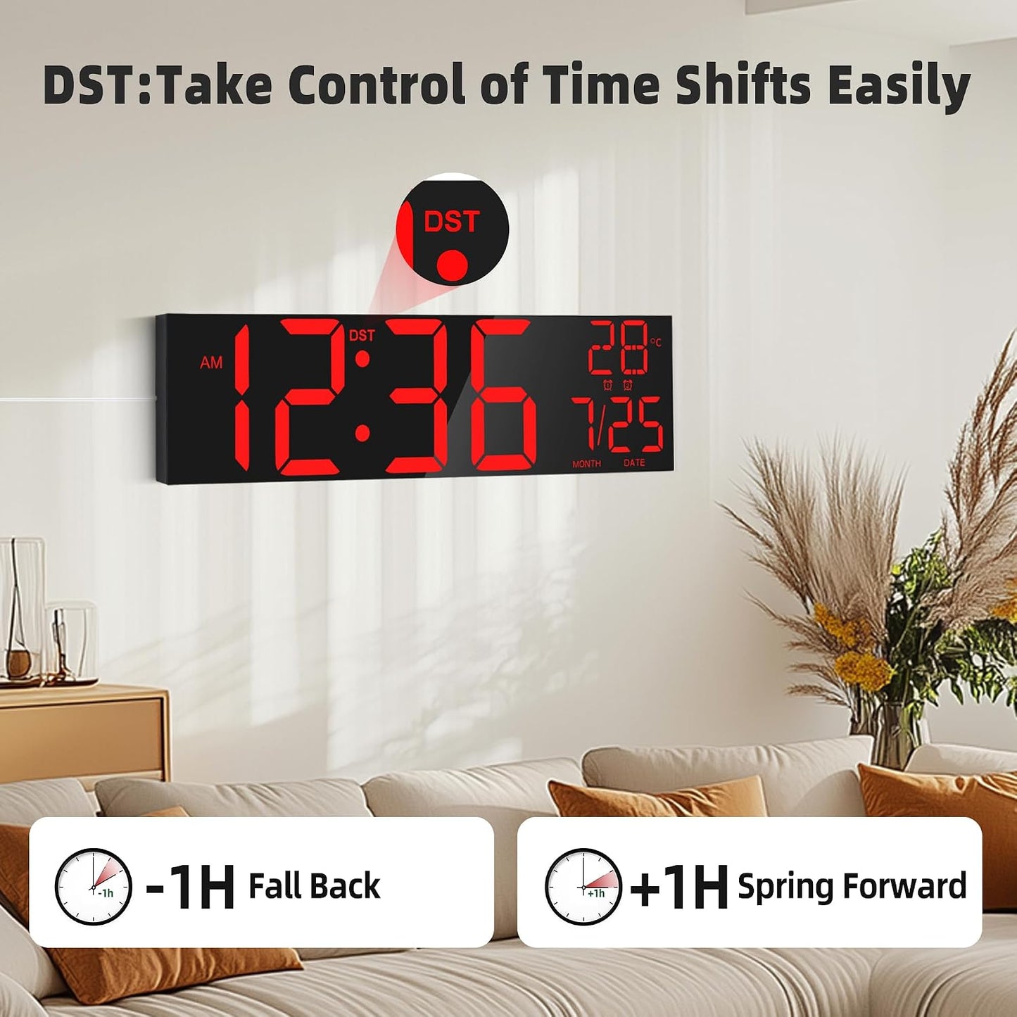 Maxstar 16" Large Digital Wall Clock with 8 RGB Led Display & Remote Control, Loud Dual Alarms,5-Level Dimmer, Auto-DST, Temperature,Date,Night Light for Bedroom/Office/Living Room/Shop/Gym/Game Room
