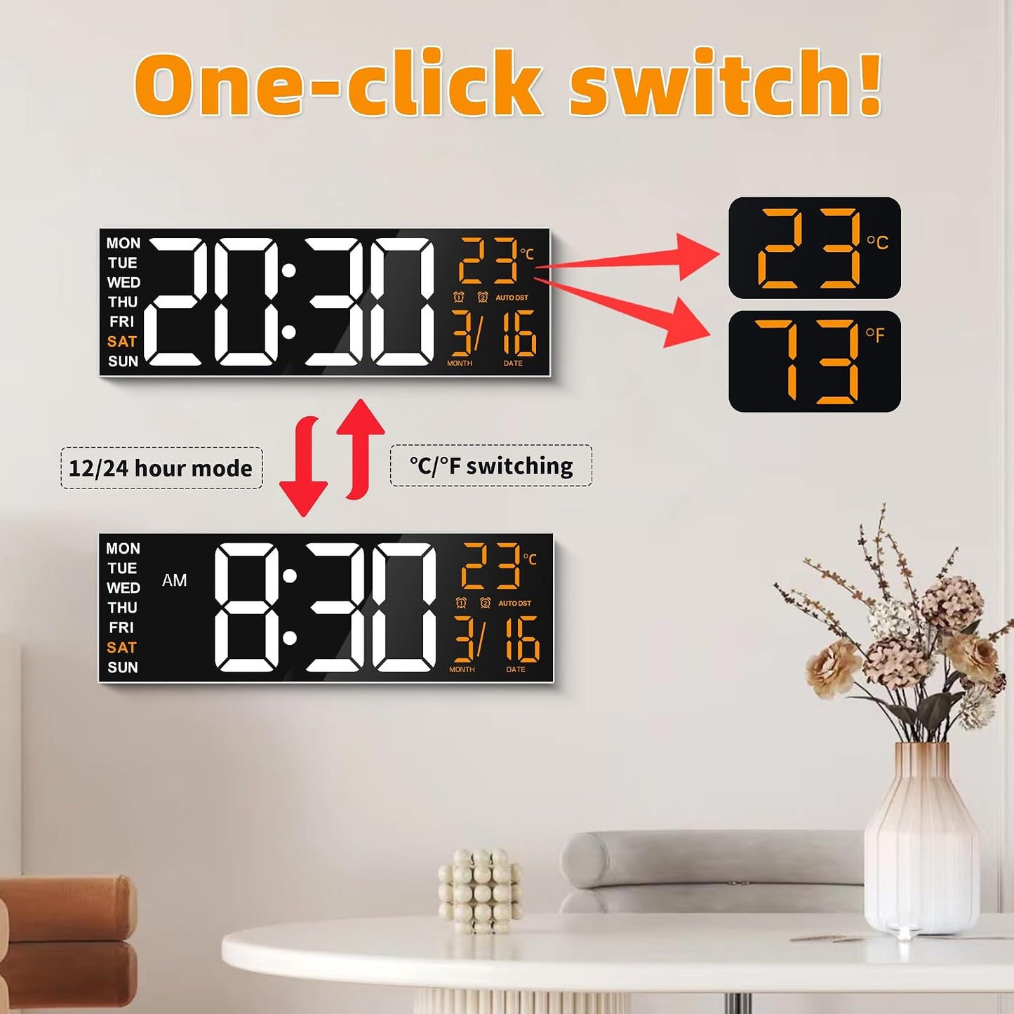 Maxstar 16" Large Digital Wall Clock with 8 RGB Led Display & Remote Control, Loud Dual Alarms,5-Level Dimmer, Auto-DST, Temperature,Date,Night Light for Bedroom/Office/Living Room/Shop/Gym/Game Room