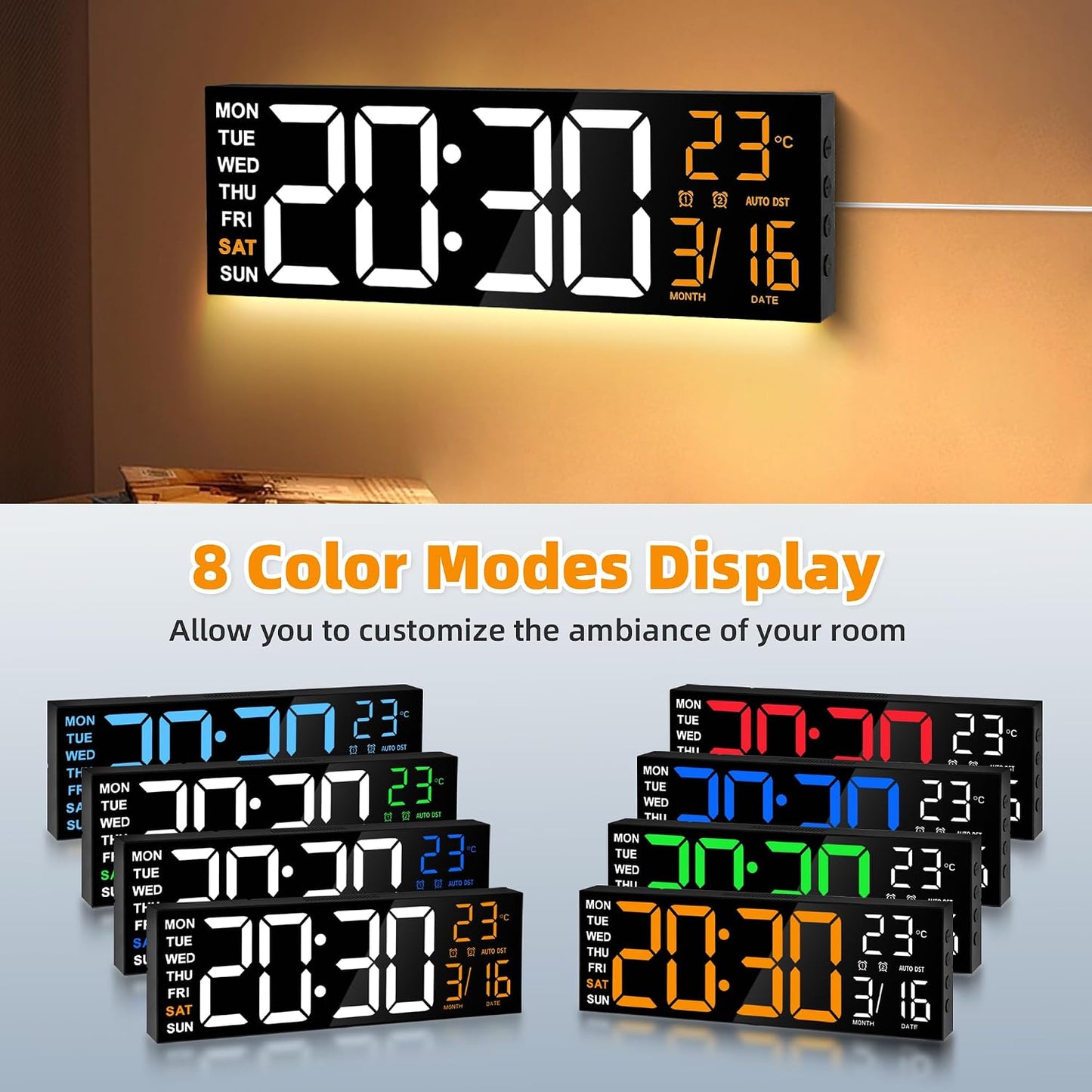 Maxstar 16" Large Digital Wall Clock with 8 RGB Led Display & Remote Control, Loud Dual Alarms,5-Level Dimmer, Auto-DST, Temperature,Date,Night Light for Bedroom/Office/Living Room/Shop/Gym/Game Room
