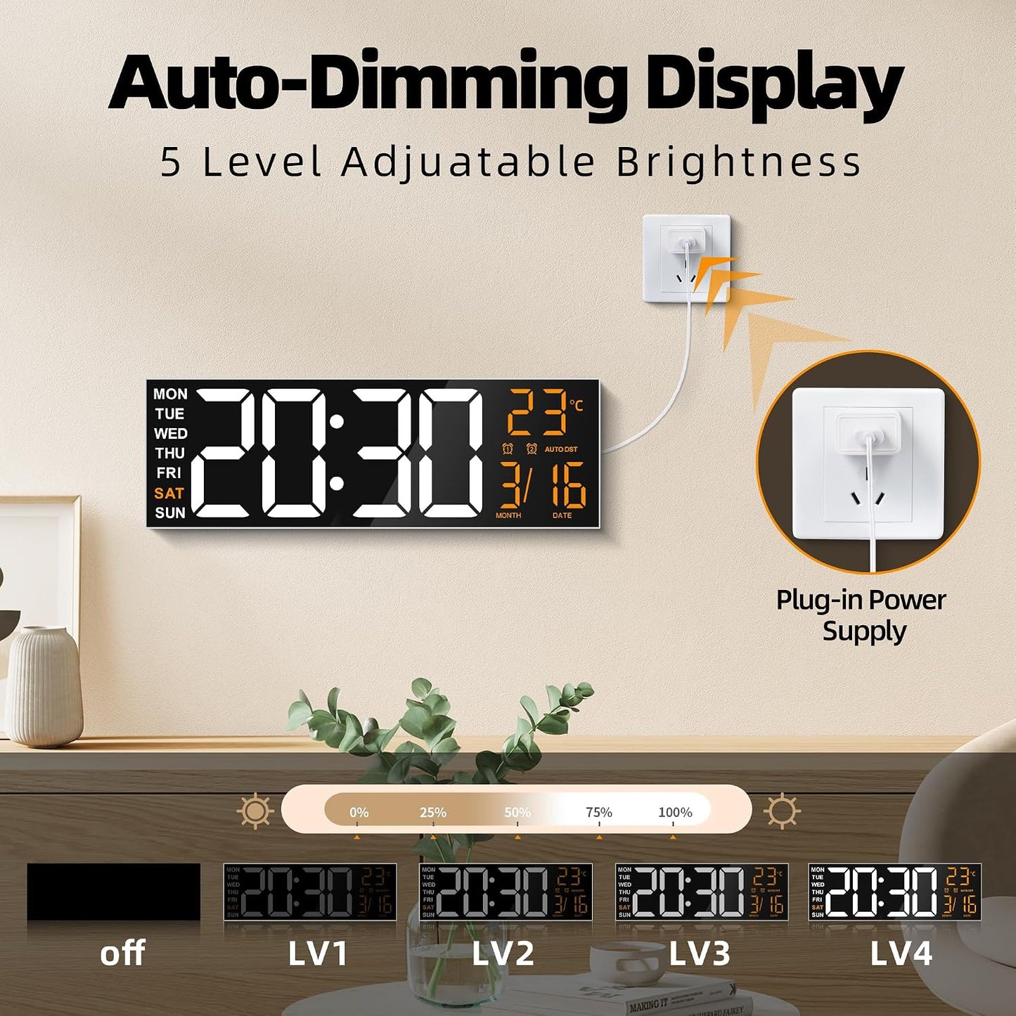 Maxstar 16" Large Digital Wall Clock with 8 RGB Led Display & Remote Control, Loud Dual Alarms,5-Level Dimmer, Auto-DST, Temperature,Date,Night Light for Bedroom/Office/Living Room/Shop/Gym/Game Room