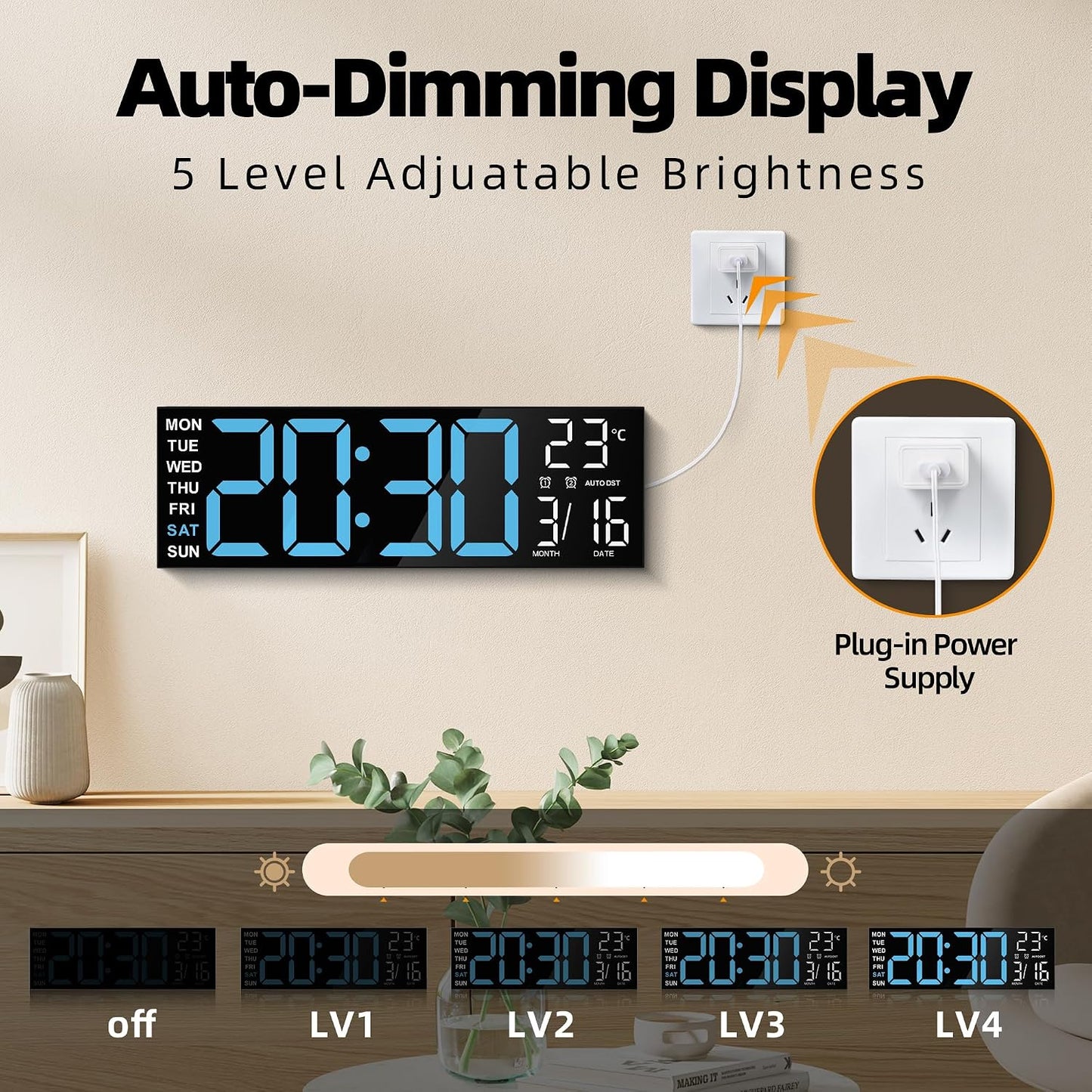 Maxstar 16" Large Digital Wall Clock with 8 RGB Led Display & Remote Control, Loud Dual Alarms,5-Level Dimmer, Auto-DST, Temperature,Date,Night Light for Bedroom/Office/Living Room/Shop/Gym/Game Room