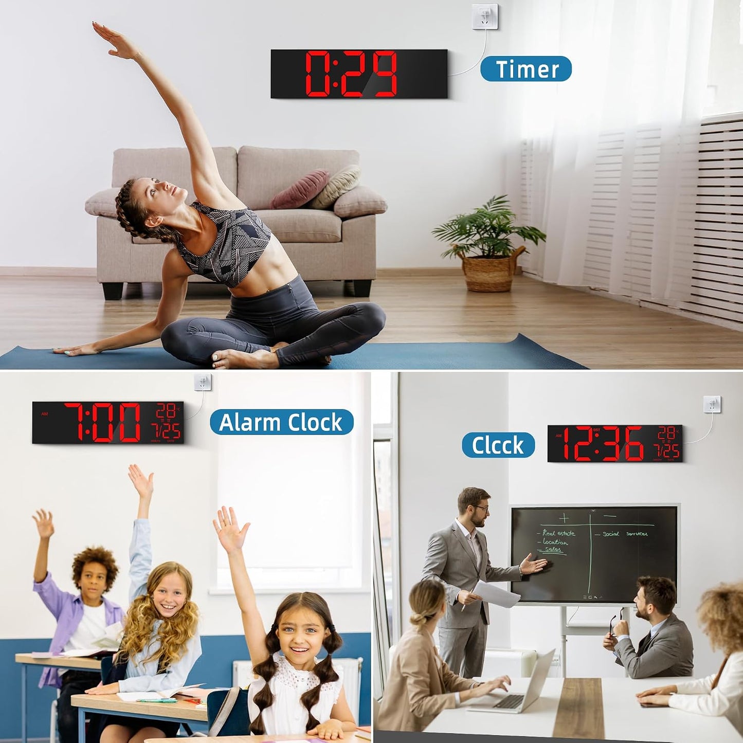 Maxstar 16" Large Digital Wall Clock with 8 RGB Led Display & Remote Control, Loud Dual Alarms,5-Level Dimmer, Auto-DST, Temperature,Date,Night Light for Bedroom/Office/Living Room/Shop/Gym/Game Room