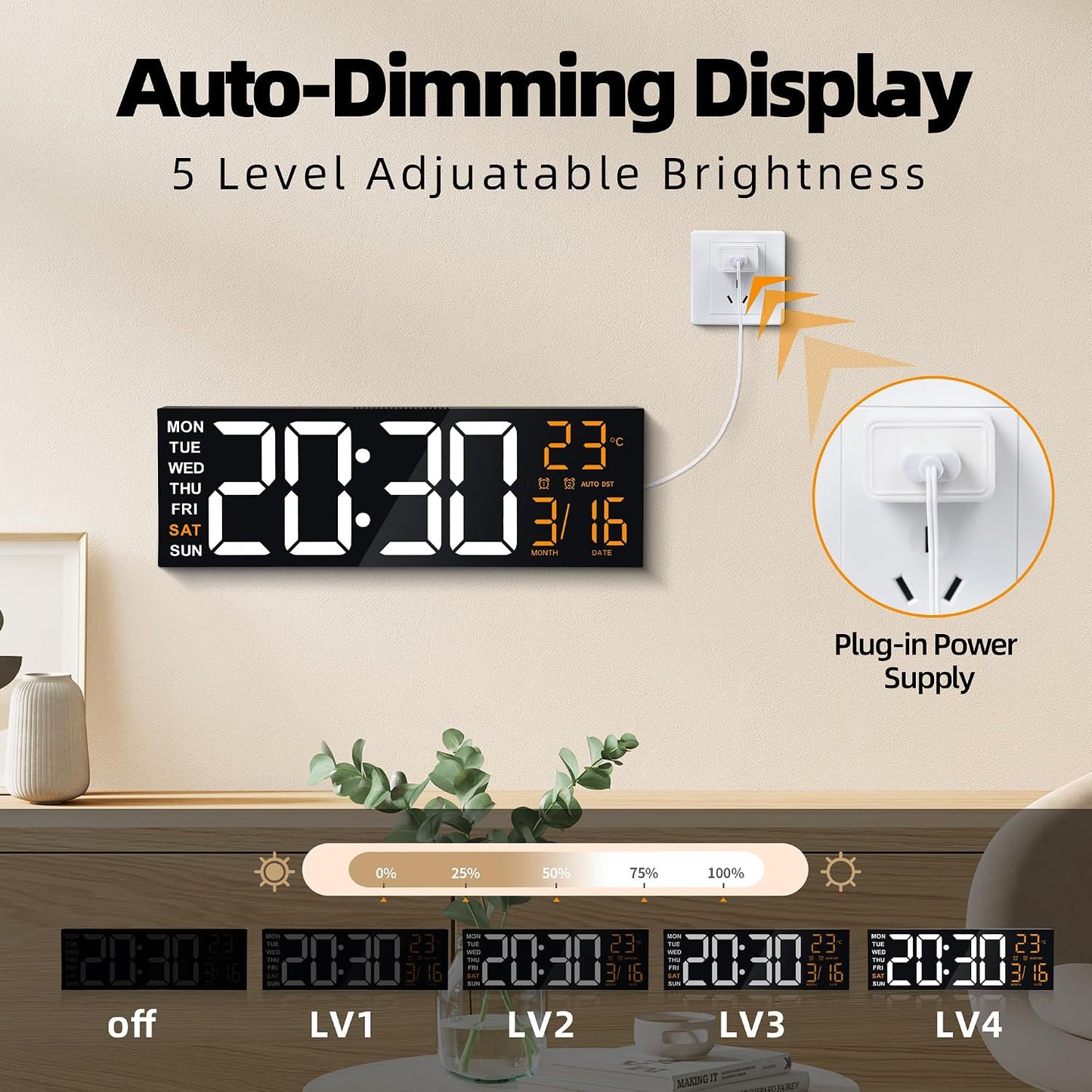Maxstar 16" Large Digital Wall Clock with 8 RGB Led Display & Remote Control, Loud Dual Alarms,5-Level Dimmer, Auto-DST, Temperature,Date,Night Light for Bedroom/Office/Living Room/Shop/Gym/Game Room