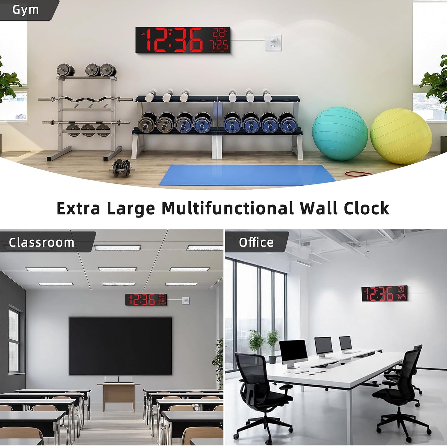 Maxstar 16" Large Digital Wall Clock with 8 RGB Led Display & Remote Control, Loud Dual Alarms,5-Level Dimmer, Auto-DST, Temperature,Date,Night Light for Bedroom/Office/Living Room/Shop/Gym/Game Room