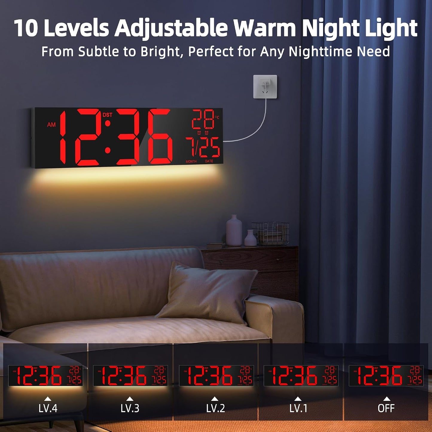 Maxstar 16" Large Digital Wall Clock with 8 RGB Led Display & Remote Control, Loud Dual Alarms,5-Level Dimmer, Auto-DST, Temperature,Date,Night Light for Bedroom/Office/Living Room/Shop/Gym/Game Room