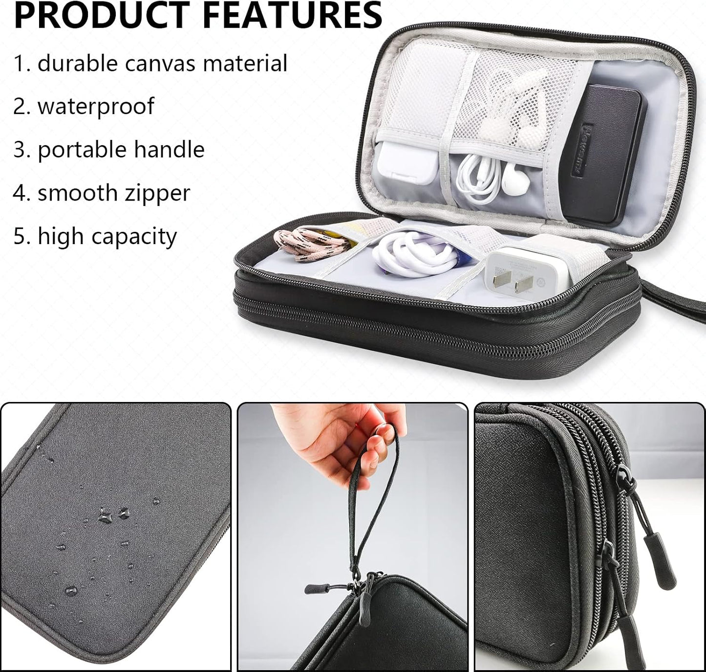 Teskyer Electronics Accessories Organiser Bag, Waterproof Cable Organiser Bag, Travel Gadget Bag, Holiday Essentials for Men Women, 8.5 x 5 Inch, Black