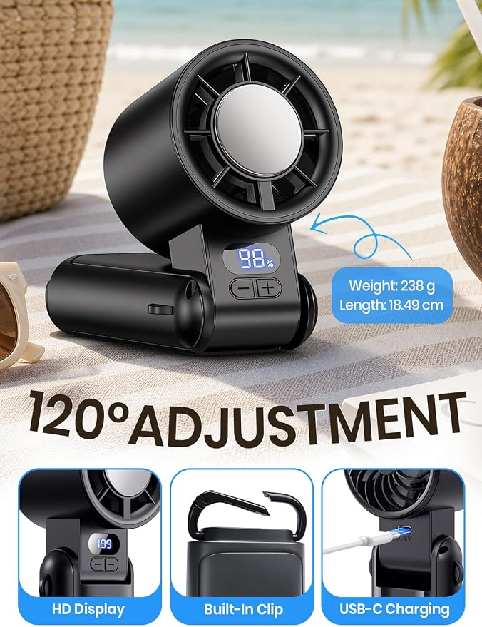 Handheld Fan Rechargeable with LED Display & Clip, 1-199 Speed | 3-in-1 Hand/Neck/Desk Fan, 24ft/s Powerful Airflow, 3600mAh Battery Up to 12H, Portable for Travel/Camping/Office/Home, Black