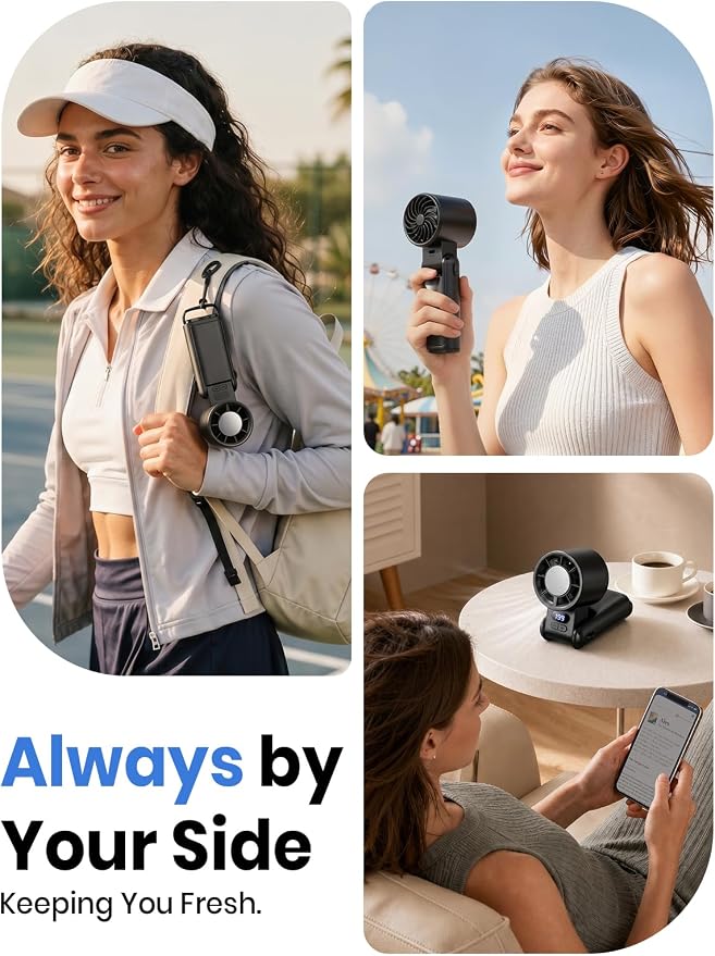 Handheld Fan Rechargeable with LED Display & Clip, 1-199 Speed | 3-in-1 Hand/Neck/Desk Fan, 24ft/s Powerful Airflow, 3600mAh Battery Up to 12H, Portable for Travel/Camping/Office/Home, Black
